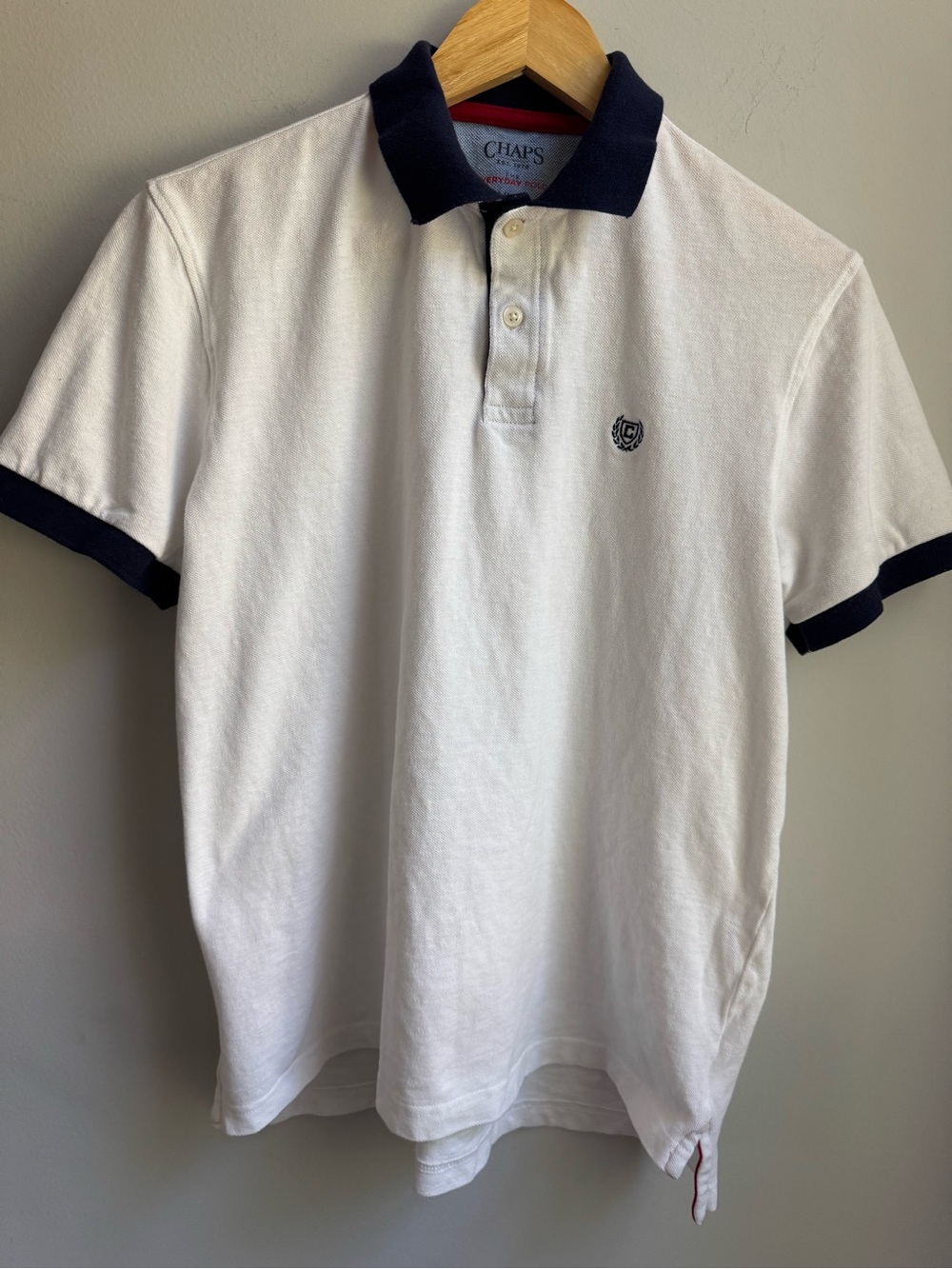 Chaps White Polo with Navy Collar and Sleeve Trim Classic